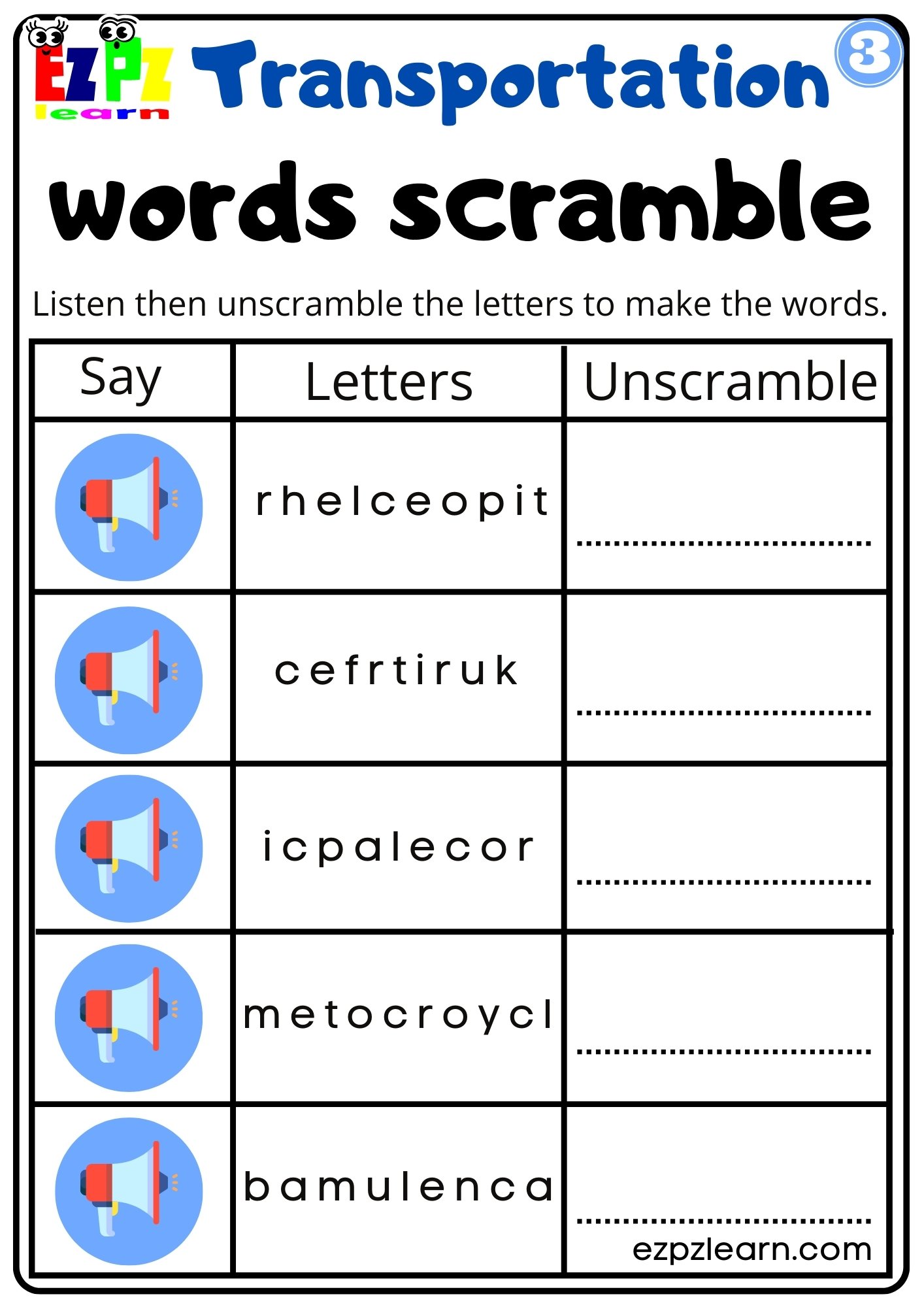 Interactive Worksheet For Transportation Listen Unscramble And Write